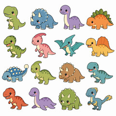 Fototapeta premium Set of 16 Cute Cartoon Dinosaur Vector Illustrations