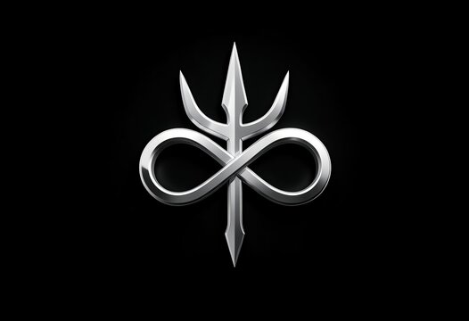 Metallic silver trident symbol combined with an infinity loop isolated on a solid black background