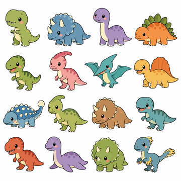 Set of 16 Cute Cartoon Dinosaur Vector Illustrations
