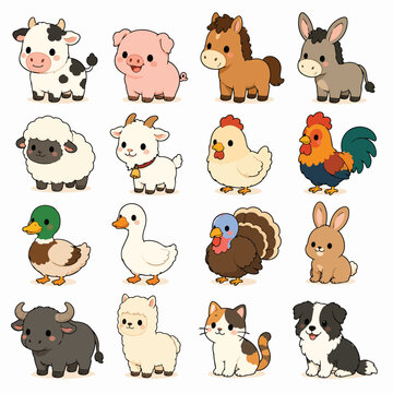 Cute Farm Animals Vector Set Kawaii Chibi Illustration
