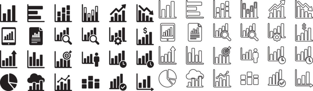 Business data chart icons set, financial growth bar graph collection, 48 vector infographics for analytics and corporate reporting