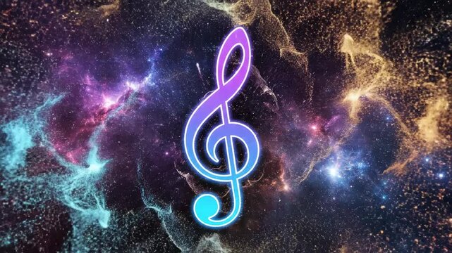 Dynamic glowing treble clef symbol emerging from cosmic nebula background with radiant light effects with symbolizing music emerging showcases vibrant treble
