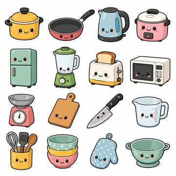 Cute Kawaii Kitchen Appliances and Utensils Vector Collection