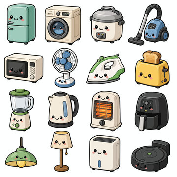 Cute Kawaii Home Appliances Vector Collection Set
