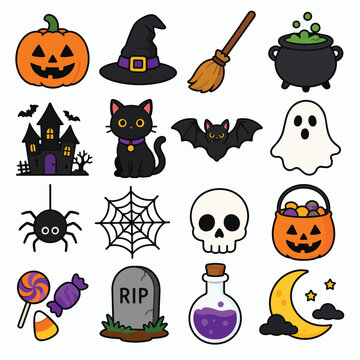 Cute Halloween Vector Icon Set with Pumpkin Ghost and Bat