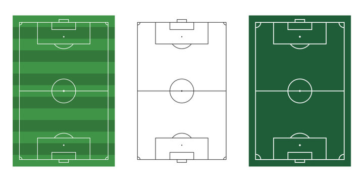 Soccer field layouts top view set with outline, green field and grass texture versions. Soccer football pitch layout for strategy marking. Sport diagrams for tactics training, coaching, match planning