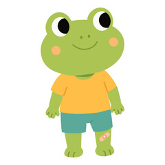 Obraz premium Cute frog patient character standing with a adhesive bandage on its leg knee. Little injured animal mascot on white background for pediatric medicine, first aid, and kids health care.