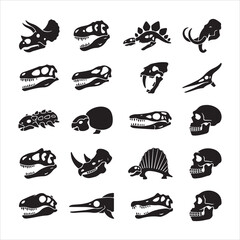 Prehistoric dinosaur skulls and fossil heads graphic icon set with dinosaur prehistoric paleontology skeleton creature illustration silhouette isolated collection archaeology evolution © moon