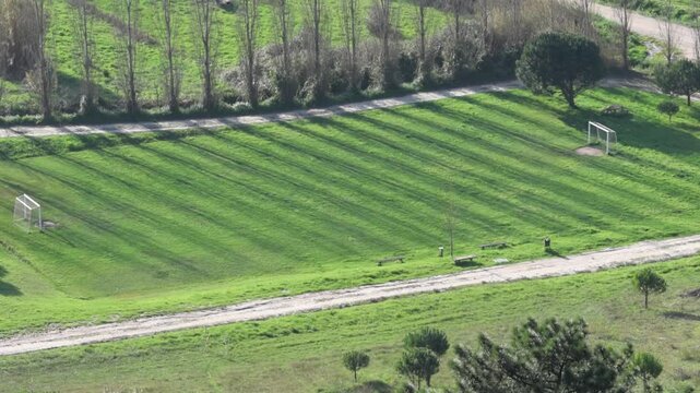 Long tree shadows moving over a green soccer field