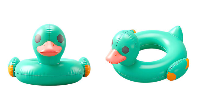 Inflatable pool duck floatie collection featuring bright turquoise rubber ring toy isolated on transparent background for summer vacation beach leisure or aquatic swimming pool party design.