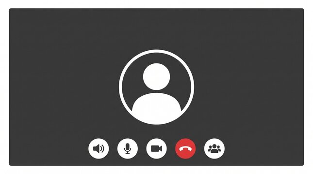 Video call conference user interface vector illustration featuring user profile avatar icon with microphone, camera, and control buttons on dark background.