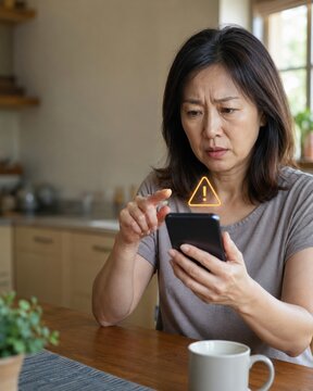 Cautious senior woman pausing to verify warning alert on smartphone at home