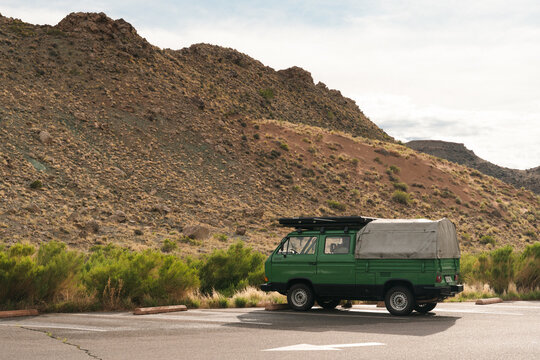 Vintage Volkswagen T3 Transporter Doka parked at Arches National Park, Moab, Utah, May 2025