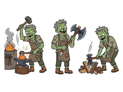 Zombie Blacksmith Crafting a Halloween Axe, Three-Scene Cartoon Storytelling Illustration Isolated on White background 