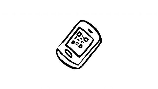 Animated 4K QR code on smartphone screen doodle icon. White hand drawn line art on black and green screen backgrounds for scan to pay, mobile identification, digital menu, and link transfer.