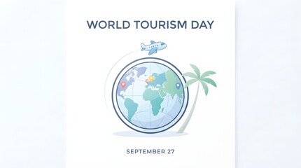 Fototapeta premium World tourism day minimalist icon design with a globe, airplane, and palm tree isolated on white background