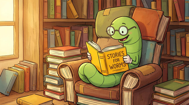 Cartoon bookworm reading a book in library setting.