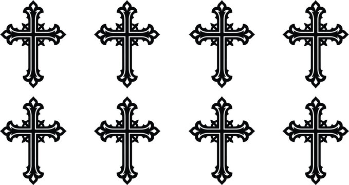 A collection of eight ornate black christian cross icons arranged in a simple grid pattern