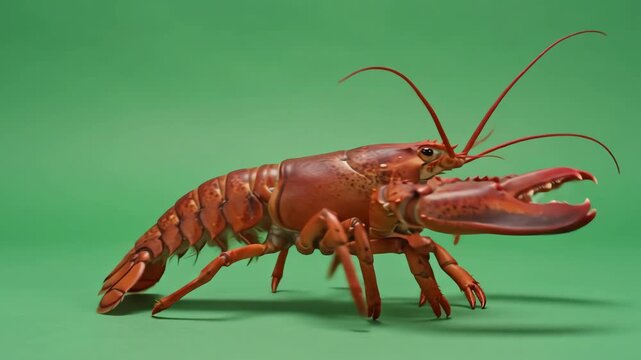 Realistic red lobster walking slowly across a bright green screen background with moving claws and detailed shell textures