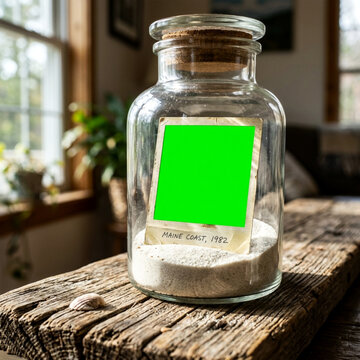Vintage Memory Jar with Green Screen Frame on Rustic Wood Surface