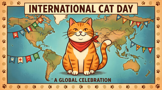 Cartoon orange cat illustration for International Cat Day celebration.