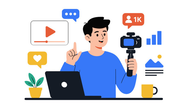 Content Creator Filming With Camera In Studio.