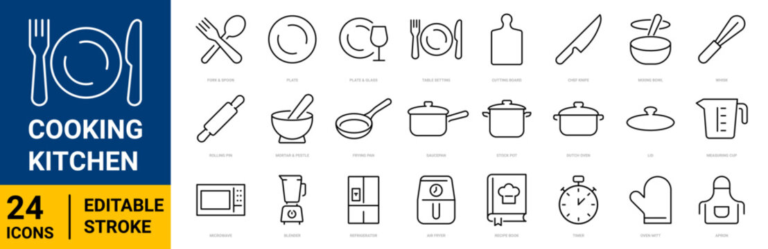 Kitchen cooking line icons set. Air fryer, meal blender, oven, fridge, recipe cookbook, grocery delivery flat minimal vector illustrations. Simple outline signs. Editable Stroke