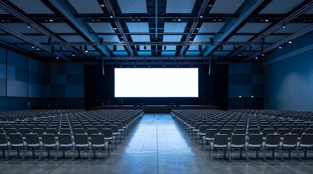 Large empty conference hall with rows of chairs facing a projector screen
