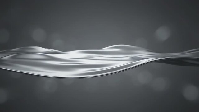 Seamless loop of silver liquid metallic waves flowing horizontally across a minimalist background defining a synthetic fluid horizon texture