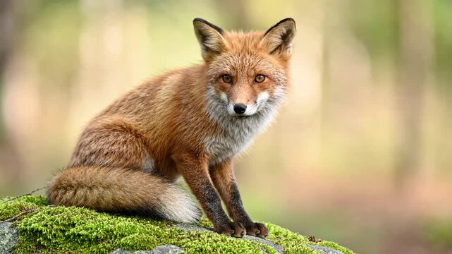 A red fox sitting on a green mossy rock in the forest wilderness with a blurred natural background