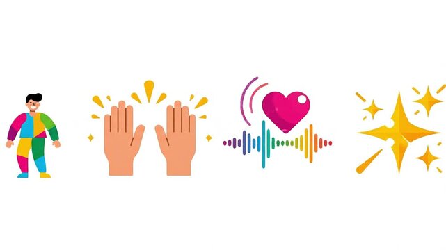 Colorful character animation featuring clapping hands rhythm audio waves and bright sparkling star elements in a dynamic digital motion clip