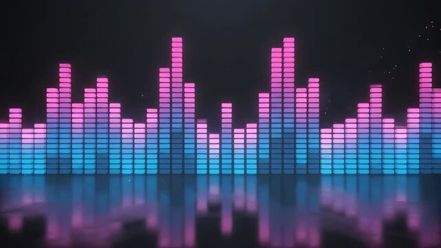 Seamless looping digital sound equalizer spectrum bars pulsing and vibrating with vibrant neon blue and pink light on a dark background