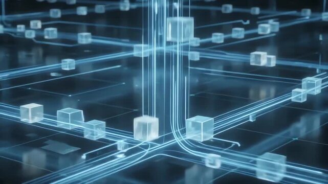 Seamless loop of digital inventory data flowing through blue glowing pathways inside a minimal abstract warehouse grid for distribution business