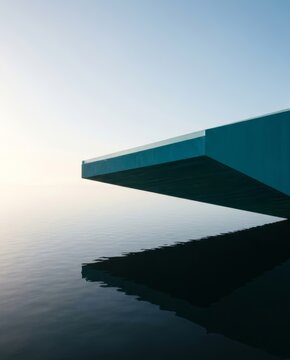 Minimalist cantilevered building edge over calm water reflection for modern architecture and design concept