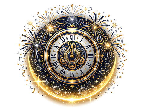 Luxurious clock face with roman numerals surrounded by festive golden fireworks and glitter ornaments.