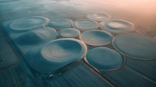 Multiple crop circles in farmland &mdash; abstract aerial view of circular formations in agricultural land. Concept of mystery, alien activity or geometric land design.