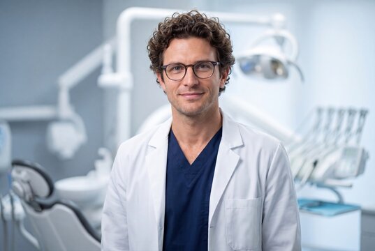 Male dentist smiling in dental clinic wearing lab coat and glasses