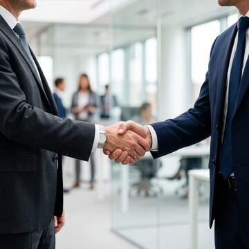 Professional businessmen shaking hands in office to seal a corporate partnership, demonstrating core concepts of trust and professional success
