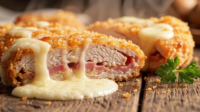 Sliced chicken cordon bleu on a rustic wooden table with melted Swiss cheese and ham oozing out while steam gently rises in a close-up shot