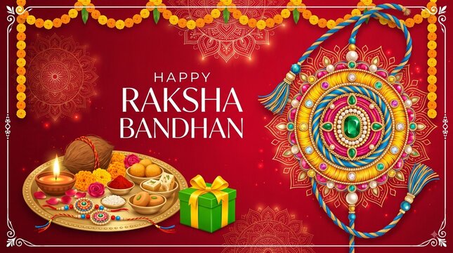 Happy Raksha Bandhan Greeting Card Vector Banner with Decorative Rakhi, Puja Thali, Sweets, and Gift Box Background