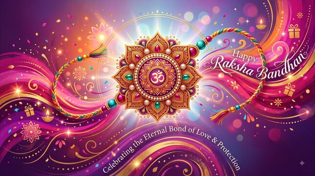 Happy Raksha Bandhan Vector Background with Decorative Sacred Rakhi, Om Symbol, and Festive Glowing Lights
