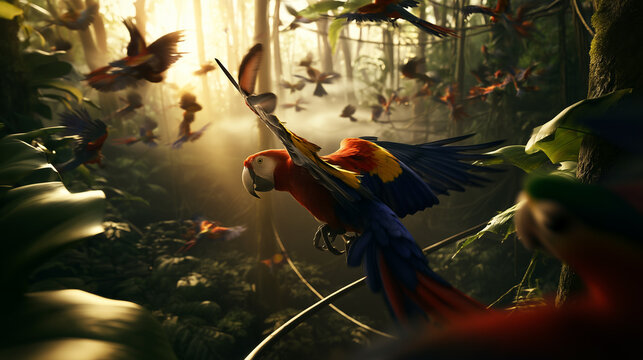 Colorful macaw flying through a tropical rainforest at golden hour