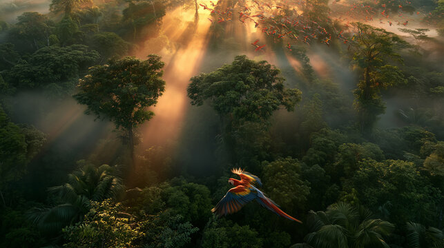 Colorful macaw flying through a tropical rainforest at golden hour