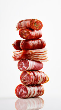Assorted cured sausages, bacon and deli meats stacked vertically on white background