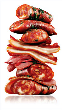 Assorted cured sausages, bacon and deli meats stacked vertically on white background