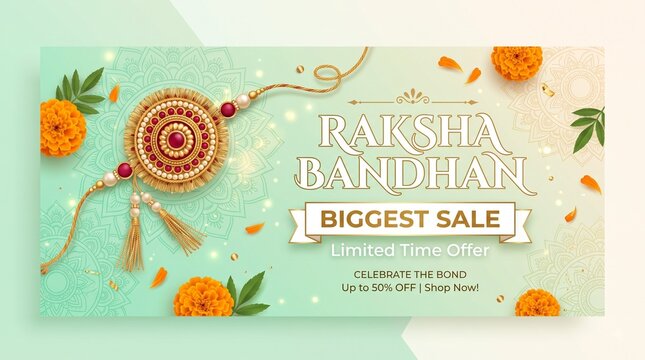 Raksha Bandhan Sale Banner Template Vector with Decorative Rakhi, Marigold Flowers, Mandala Pattern, and Shopping Discount Offer