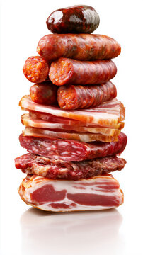 Assorted cured sausages, bacon and deli meats stacked vertically on white background