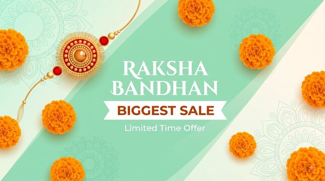 Raksha Bandhan Sale Banner Template Vector with Decorative Rakhi, Marigold Flowers, Mandala Pattern, and Shopping Discount Offer