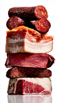 Assorted cured sausages, bacon and deli meats stacked vertically on white background
