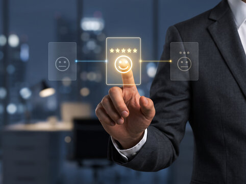 Customer satisfaction rating with five stars, user feedback for service, positive experience and review.